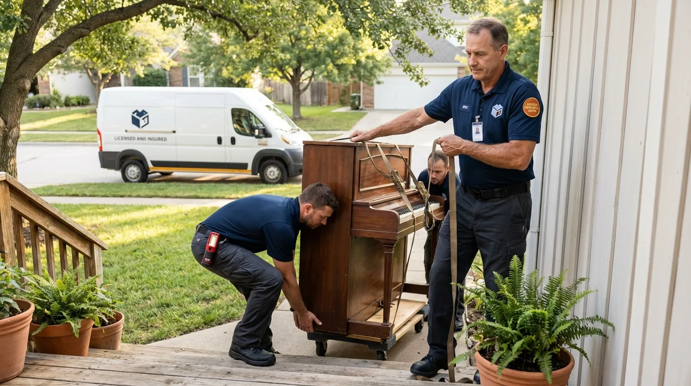 Licensed piano movers securing grand piano in Baton Rouge, LA