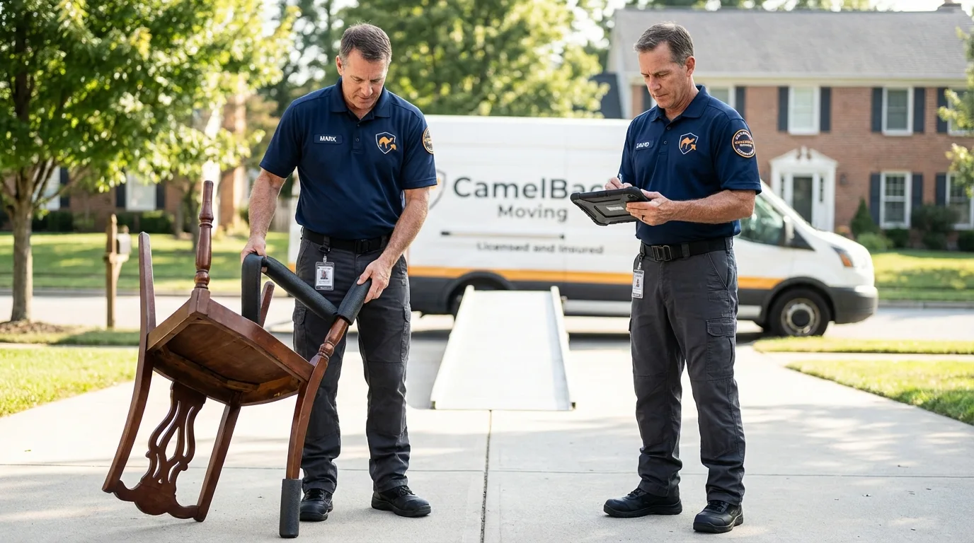 Movers inspecting furniture for damage prevention before loading in Baton Rouge, LA