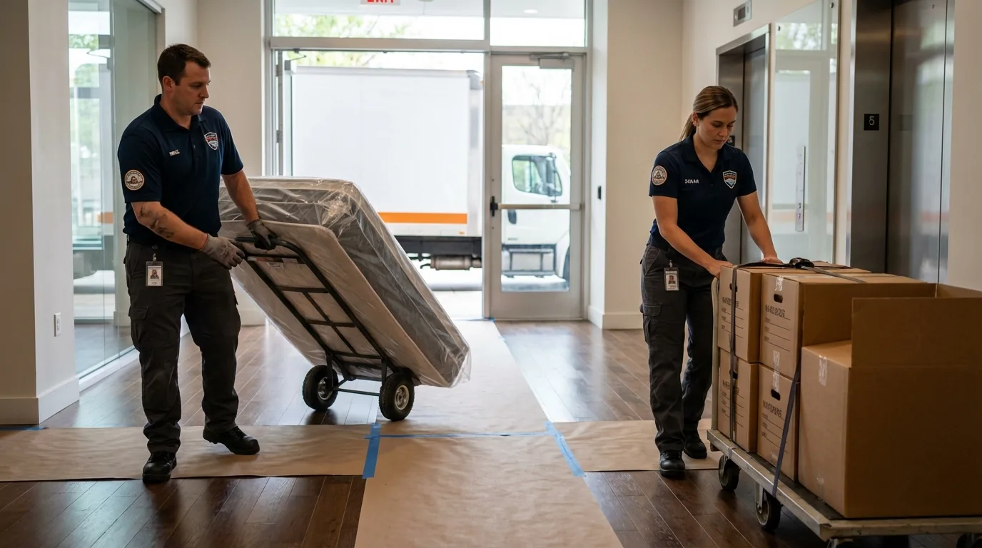 Professional apartment movers loading elevator in Baton Rouge, LA